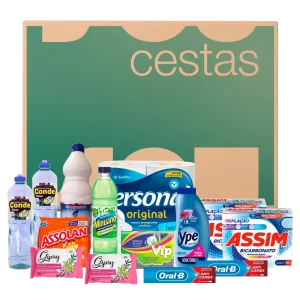 Imagem da Cesta Higiene e Limpeza com seus produtos dispostos na frente